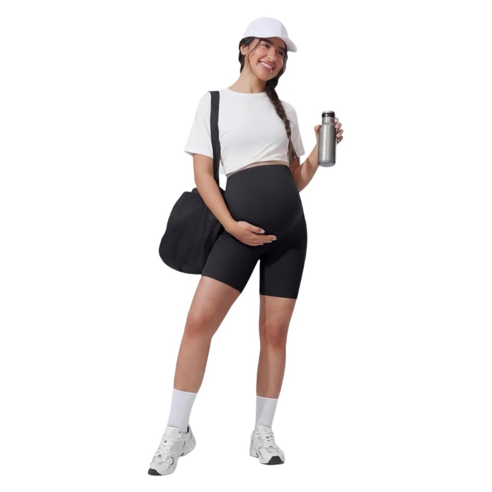 POSHDIVAH Maternity Yoga Shorts 
Over The Belly Bump Side pockets Black Medium